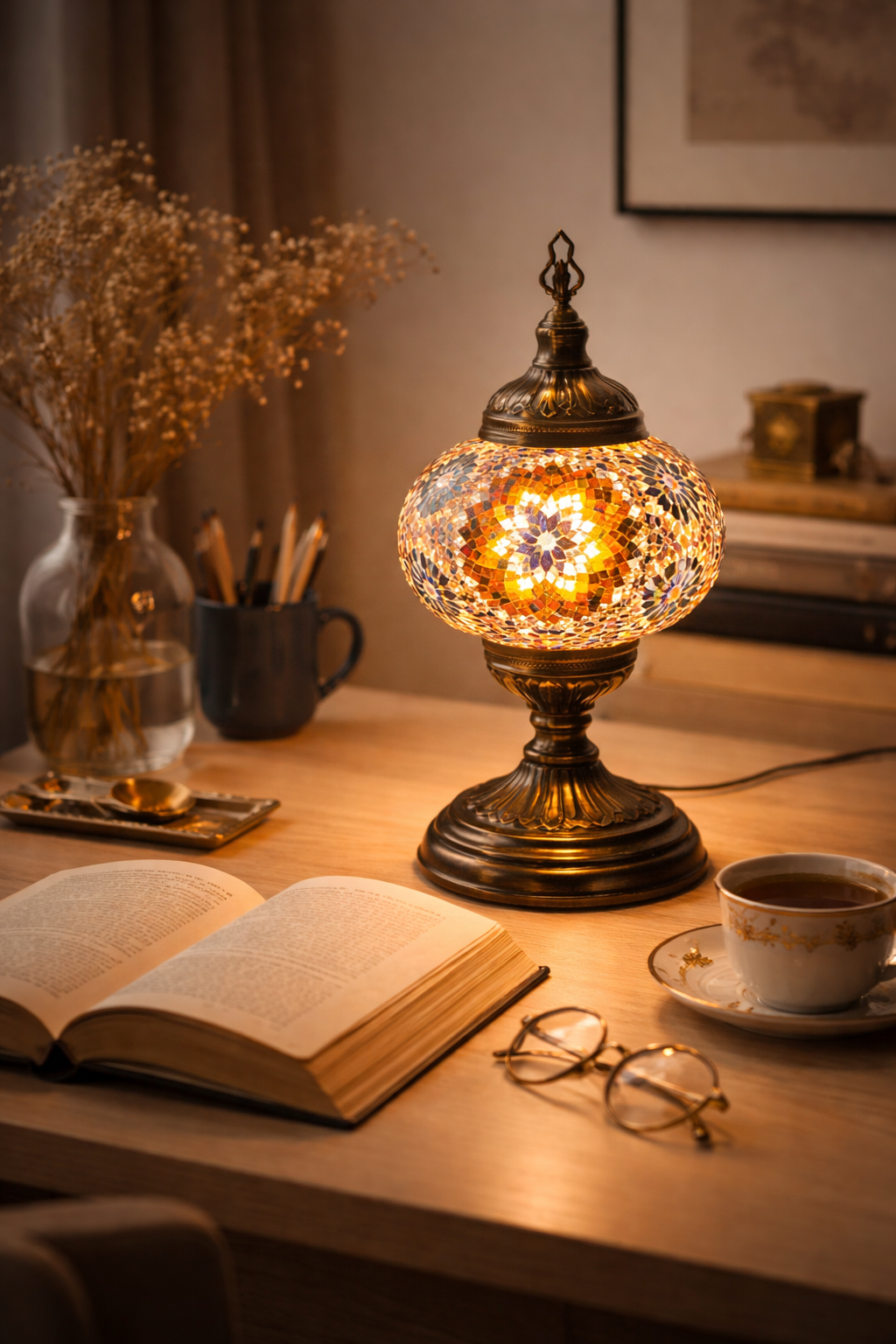 Lámpara turca encendida en un rincón cálido